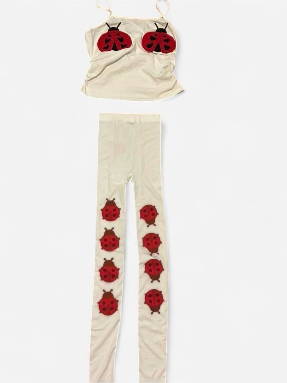 Two-Piece tank top and tights Set with Red Ladybug Appliqués